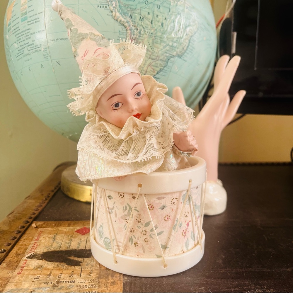 Vintage Harlequin Porcelain Clown Doll in Drum Music Box , Floral and Lace